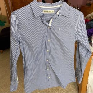 blue and white pinstriped button up shirt